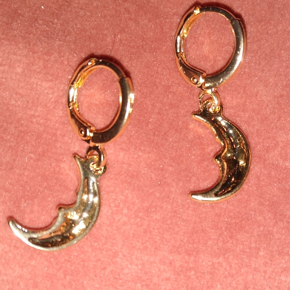 Gold Crescent Moon Mini Hoop Earrings Man in the Moon Celestial Charm Hoops - Picture 4 of 4